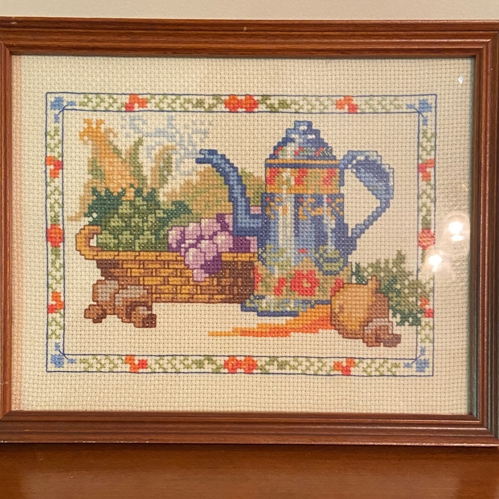 Vintage 1982 Framed Cross Stitch Kitchen Harvest 9x7 Tea Pot Fruit Basket Veggie